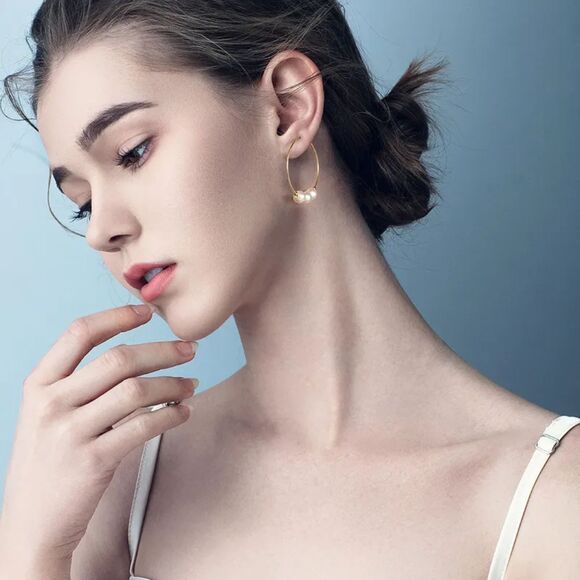 Pearl Hoop Earrings Gold Plated White Pearl Hoops Sterling Silver Jewelry Gift - Picture 3 of 5